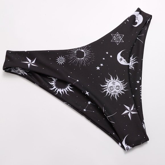 Astronomy Bikini Set Celestial 2-Piece Swimsuit Orange & Black Sun Moon Stars - Picture 2 of 5